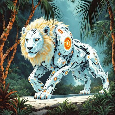 Lion: The primary subject of the image is a lion, which is a large, white, and gold animal.

Setting/background: The lion is standing on a path surrounded by trees and plants. The environment appears to be a forest or a jungle.

Visual style: The image is a digital art or illustration, featuring a detailed and colorful lion.

Colors and mood: The lion is predominantly white with gold accents, giving it a majestic and powerful appearance
